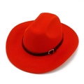 Classic bright red wide brim wool fedora hat with black leather belt and gold buckle - Red
