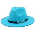 Detail of blue wool fedora hat featuring a black leather belt and gold metal buckle - Sky Blue