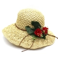 Beige woven raffia sun hat for women with red rose floral accents and a chin strap - M (56-58cm) / Beige And Red Flower