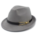 Detail of grey wool fedora hat featuring black leather band and golden geometric buckle - Gray