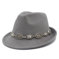 Grey wool fedora hat with vintage metal chain decoration and wide brim for outdoor style - Gray