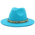 Chapeau fedora en feutre bleu tiffany avec ruban ethnique et large bord pour l'automne - Taille unique / Bleu ciel