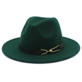 Detail view of dark green wool fedora featuring a black leather belt with gold buckle - Dark Green