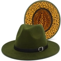 Detail of dark green wool fedora hat with black leather belt and leopard print lining - Army Green