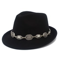 Detailed view of black felt fedora featuring a vintage silver metal chain buckle band - Black