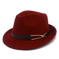 Elegant wine red wide brim wool fedora hat with black leather band and gold metal buckle - Burgundy