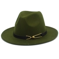 Detail of olive green wool fedora hat featuring a black leather belt with gold metal buckle - Army Green