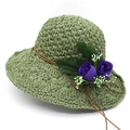 Olive green raffia sun hat with wide brim featuring purple rose and tassel accents - M (56-58cm) / Green And Purple Flower