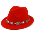 British style red wool fedora hat with elegant silver metal chain trim for women - Red