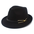 Detailed close-up of wool fedora hat with black leather band and gold buckle accent - Black