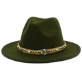 Détail du chapeau en laine avec chaîne tressée bohème et ornement en pierre colorée - Taille unique / Vert Militaire