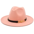 Pink wool fedora hat with black leather belt and gold buckle for women and men - Flesh Pink