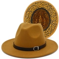Detail of yellow wool fedora showing black leather belt and leopard print underbrim - Brown