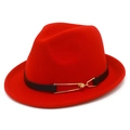 Red wool felt fedora jazz hat with black leather band and gold buckle for men and women - Red