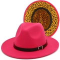 Rose red wool fedora hat with black leather belt and leopard print brim underside - Rose Red