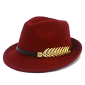 Classic wine red wool felt jazz fedora hat with gold leaf accessory and black band - Burgundy