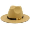Detail of camel wool fedora hat featuring a black leather belt and gold metal buckle - Camel