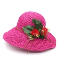 Wide brim raffia sun hat in rose red featuring decorative red roses and greenery - M (56-58cm) / Rose Red And Red Flower