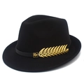 Detail of classic black wool felt fedora with a gold feather metal relief accessory - Black