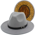 Detail of gray wool fedora hat with black leather belt and yellow leopard print lining - Gray