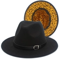 Detailweergave van de zwarte wollen fedora met luipaardprint voering en leren riemgesp - Zwart