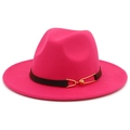 Close-up of a magenta wool fedora hat featuring a black leather belt and gold buckle - Rose Red