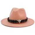 Chapeau fedora rose en laine avec ruban ethnique tissé et tête de taureau argentée - Rose chair