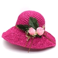 Fuchsia raffia straw hat for women with wide brim and decorative pink rose flowers - M (56-58cm) / Rose Red And Pink Flower
