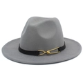 Detailed view of the grey wool felt fedora with a black leather band and gold buckle - Gray