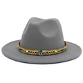 Detail of grey wool felt fedora with ethnic beaded band and gold chain decoration - Gray