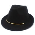 Detail shot of the golden metal tube ornament on a black wool felt fedora hat - Black