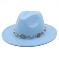Detail of baby blue fedora featuring vintage silver metal buckle trim and wool felt texture - One Size / Light Blue