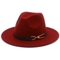Close-up of a burgundy wool fedora hat with a black leather belt and gold buckle detail - Burgundy