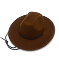 Detail view of brown wide-brim fedora hat featuring black braided band and chin strap - Coffee