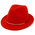 Classic red wool fedora hat with elegant gold metal ring and black rope band detail - Red