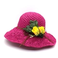 Handwoven rose red raffia sun hat with yellow floral accents and brown rope trim - M (56-58cm) / Rose Red And Yellow Flower