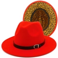 Rode wollen fedora hoed met luipaardprint voering en zwart lederen riem met zilveren gesp - Rood
