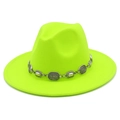 Detail of neon green wool fedora hat featuring an ornate silver metal chain band trim - One Size / Neon Yellow