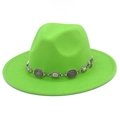 Detail of neon green fedora hat featuring a vintage textured silver metal chain band - One Size / Fluorescent Green