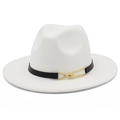 Detailed macro view of white wool felt fedora with black leather belt and gold metal buckle - White