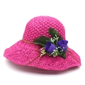 Women's wide brim raffia sun hat in rose red with purple flowers and brown cord - M (56-58cm) / Rose Red And Purple Flower