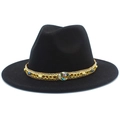Detail of black wool fedora hat featuring gold braided band and turquoise stone accent - Black