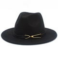 Close-up of black wool fedora featuring a stylish leather band and gold buckle detail - Black