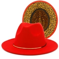 Klassischer roter Wollfilz-Fedora-Hut für Damen und Herren mit Leoparden-Futter - Rot