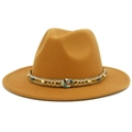 Detail of tan wool fedora hat featuring an ethnic style chain and gemstone band - One Size / Khaki