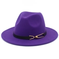 Detail of purple wool felt fedora featuring a black leather belt with gold metal buckle - Purple
