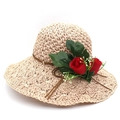 Beige raffia sun hat with wide brim, hollow weave pattern, and red floral decoration - M (56-58cm) / Pink with Red Flower
