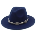Close-up of deep navy fedora hat with vintage silver metal chain band and textured felt finish - One Size / Dark Blue