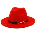 Detailed shot of red wool fedora featuring a black leather band with gold buckle - Red
