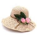 Beige raffia sun hat for women featuring pink fabric roses and a wavy wide brim design - M (56-58cm) / Pink And Floral